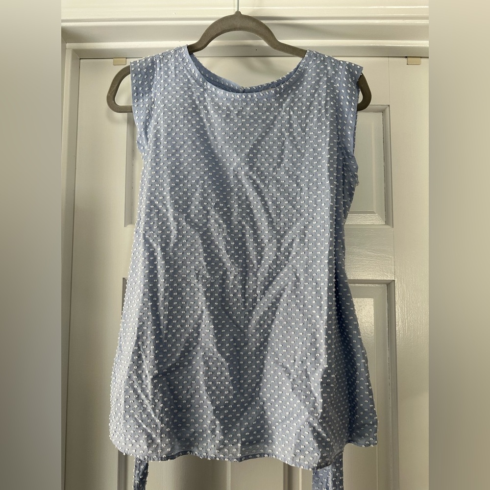 NWT LOFT Light Blue/White Swiss Dot Wrap Waist Top - Size XS